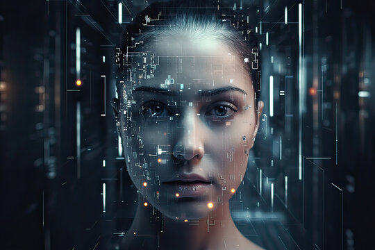 The fusion of virtual reality and AI in this unique digital art piece, depicting a 3D hologram of a face with complex pixel effects, ideal for futuristic concepts.