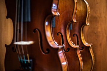 Row of multiple violins hanging on the wall, musician workshop
