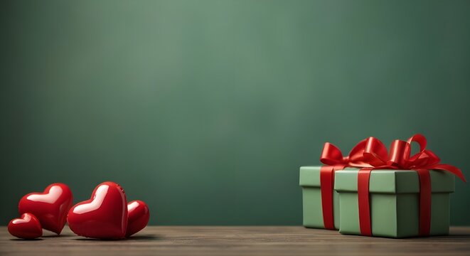 Tabla de madera con regalos y corazones en un fondo verde