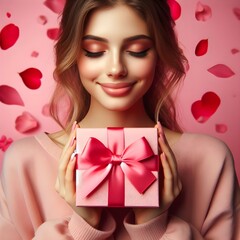 Obraz na płótnie Canvas Hermosa mujer recibiendo un regalo con un fondo rosa y petalos de rosa