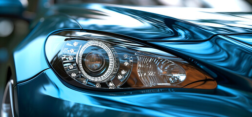 Closeup on headlight of a generic and unbranded blue car in the city