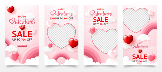 3D Happy valentine’s day sale banner template. special discount promotion sale offer with pink rainbow, sweet heart background for valentine online shop, store, advertising, web and social media post - obrazy, fototapety, plakaty