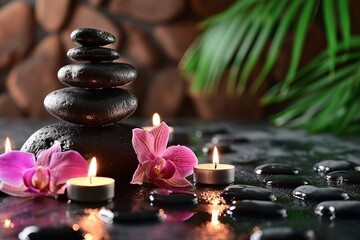 Spa Background with Massage Stones and Exotic Flower

