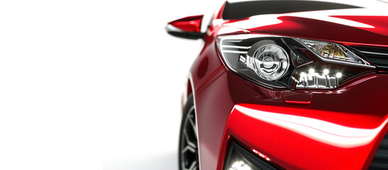 Closeup on headlight of a generic and unbranded red car on a white background