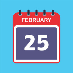February 25, Calendar icon with shadow. Day, month. Flat vector illustration.