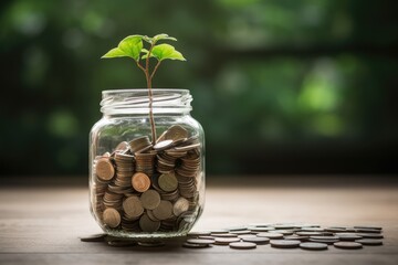 Coins in glass jar with tree on wooden table and green background, concept of interest rates and dividends ,investment growth percentage and interest on deposits, AI Generated