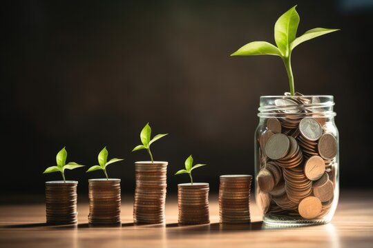 save money for investment concept plant growing out of coins on wooden table, concept of interest rates and dividends ,investment growth percentage and interest on deposits, AI Generated