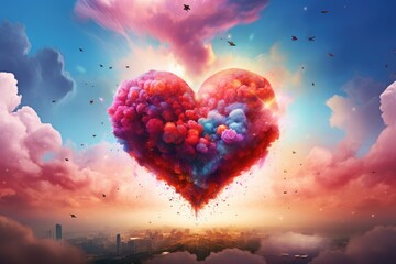 Heart in the sky with clouds and birds. 3d illustration, Colorful heart in the form of a cloud against a vibrant background, AI Generated