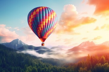 Colorful hot air balloon flying high in blue sky. 3d rendering, colorful hot air balloon flying, adventure and freedom, AI Generated