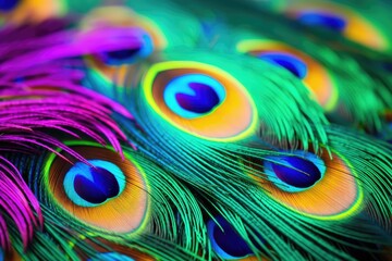 Beautiful peacock feathers close-up macro photo. Colorful background, Colorful peacock feathers against a vibrant background, Close-up, AI Generated