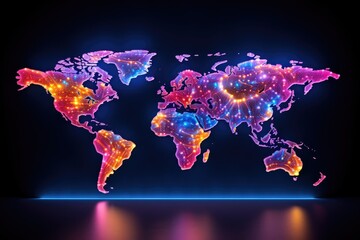 Glowing colorful world map on dark background. 3D Rendering, Colorful world map hologram with every individual country in different colors, AI Generated