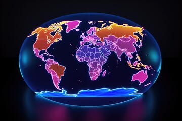 Glowing world map on dark background. 3D rendering. Neon lights, Colorful world map hologram with every individual country in different colors, AI Generated