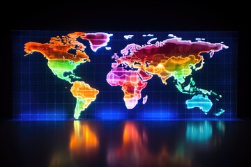 Colorful world map on a dark background. 3D illustration, Colorful world map hologram with every individual country in different colors, AI Generated