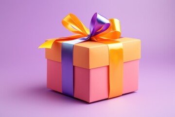 Obraz premium Colorful gift box with bow on purple background. 3d rendering, Colorful gift package with ribbon, concept for birthdays, AI Generated