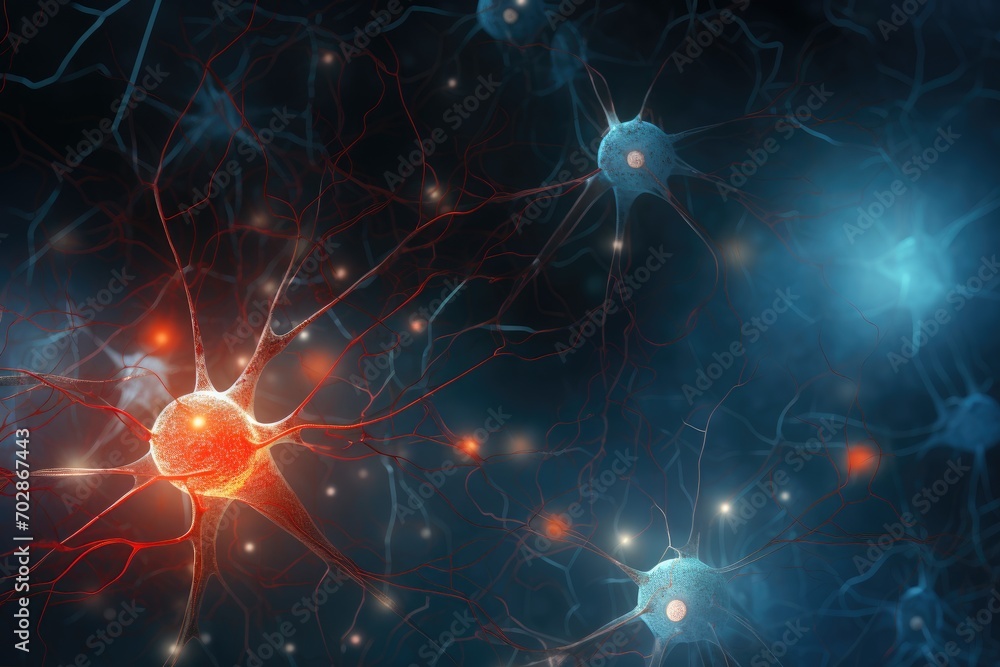 Poster neuron cell. neuron cell. neuron cell 3d render, conceptual abstraction of brain neurons, insight co