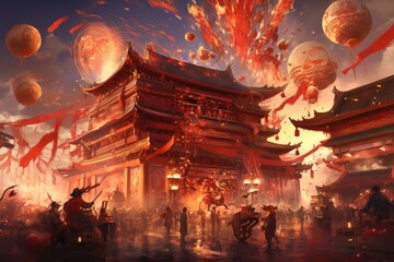 Chinese temple with fire and firework, 3d rendering. Computer digital drawing, Concept Chinese New Year Festival, AI Generated