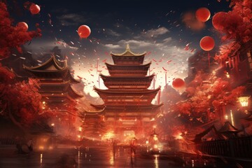 Chinese temple in the night with red lanterns and firecrackers, Concept Chinese New Year Festival, AI Generated - obrazy, fototapety, plakaty