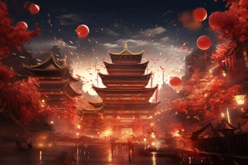 Foto op Canvas Chinese temple in the night with red lanterns and firecrackers, Concept Chinese New Year Festival, AI Generated © Iftikhar alam