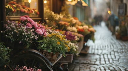 Cobblestone Street Adorned with Flower Market.
Historical cobblestone street lined with colourful flowers for sale.