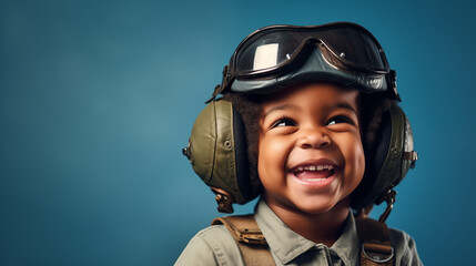 A cute black kid dressed as a pilot smiling at the camera on a plain blue background - obrazy, fototapety, plakaty
