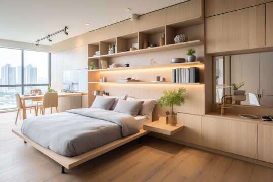 interior of modern bedroom with wooden bed and coffee table, nobody inside, Condo one bed muji cozy style, AI Generated