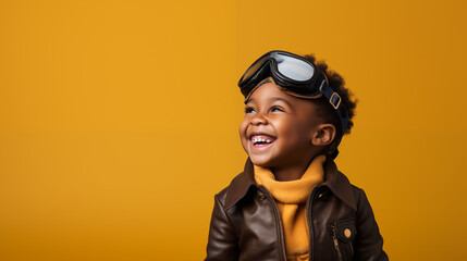 A cute black kid dressed as a pilot smiling at the camera on a plain yellow background - obrazy, fototapety, plakaty