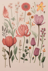 Antique Botanical poster with vibrant leaves, plants and flowers, retro style