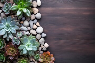 A cluster of succulents and pebbles arranged on a textured wooden background, bringing nature indoors. Minimal background. Flat lay, top view, copy space.