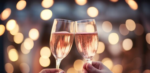 hands holding two glasses of rose sparkling wine to cheers to celebrate valentines day on romanic date. Christmas or new year party celebration lights bokeh horizontal banner.  - obrazy, fototapety, plakaty