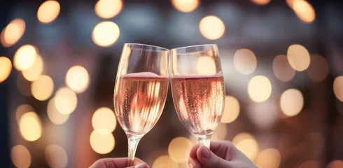 Deurstickers hands holding two glasses of rose sparkling wine to cheers to celebrate valentines day on romanic date. Christmas or new year party celebration lights bokeh horizontal banner.  © Dina