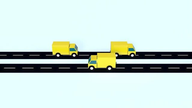 Yellow trucks on straight road driving endless