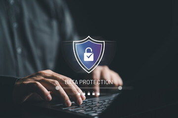 Cybersecurity awareness and data protection, a businessman with padlock security icon for safe connecting application. Protection from hackers, crime, identification and authentication, checkmark.