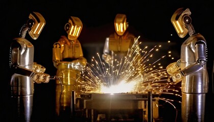 humanoid robots workers are welding automotive parts at electrical car production in factory with many sparks; industrial concept