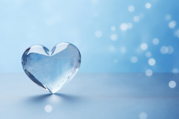 Valentine's day banner. Transparent glass heart shape on blue background, with copy space for text of product