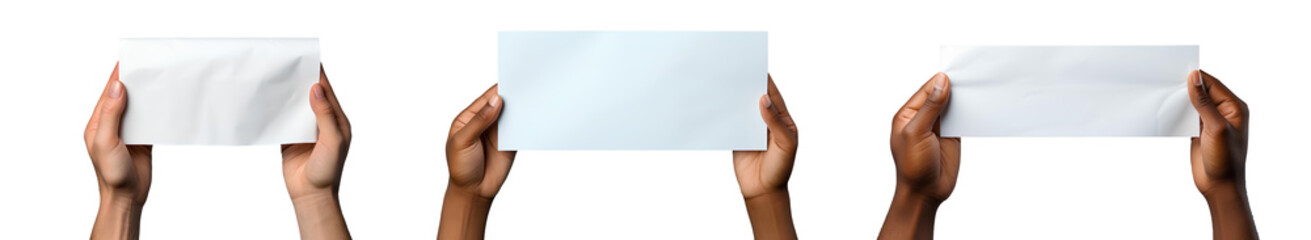 Fototapeta premium hands holdingg blank paper png. set of different hands holding a blank paper png. hands png. hand png. blank paper png.