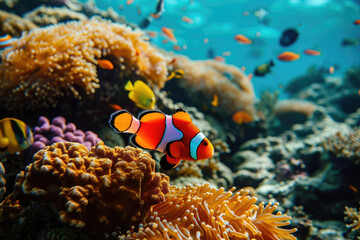 Naklejka na ściany i meble Clown fish swimming on anemone underwater reef background, Colorful Coral reef landscape in the deep of ocean. Marine life concept, Underwater world scene.
