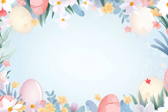 Illustration of Easter watercolor banner with copy space in the middle. Painted eggs and flowers on a blue background.