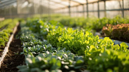 Foto op Plexiglas Young and fresh vegetable green color in white tray in hydroponic farm for health market.Fresh lettuce leaves, close up.,Butterhead Lettuce salad plant, hydroponic vegetable leaves. Organic food Image © Kowit
