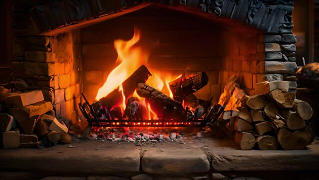 Fire in brick fireplace, firewood burning, wood blazing in cozy lodge, hut or cabin. Romantic weekend on winter holidays, fireside in warm cozy cottage house. Seamless looped cinema graph background. 