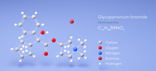 glycopyrronium bromide molecule, molecular structures, antimuscarinics, 3d model, Structural Chemical Formula and Atoms with Color Coding - obrazy, fototapety, plakaty
