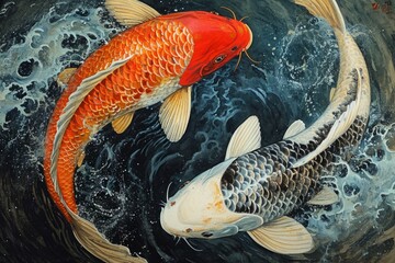 Drawing the symbol of the two energies of yin and yang in the form of a fish. - obrazy, fototapety, plakaty