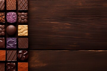A collection of artisanal chocolates arranged on a textured wooden background, a sweet indulgence. Minimal background. Flat lay, top view, copy space.