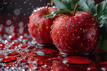 Red apples with water drops on a dark background. Selective focus.