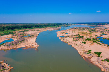 Aerial view of Mekong river with blue sky, a tourist attraction at Kaeng krabao, Mukdahan province...