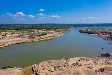 Aerial view of Grand Canyon in Thailand, Natural of rock canyon in Mekhong River, Hat Chom Dao or Chomdao Beach and Kaeng Hin Ngam in Ubon Ratchathani province, Thailand.