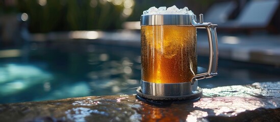 Pool party with a Stanley stainless steel beer mug that keeps drinks cold and has a built-in bottle opener. - obrazy, fototapety, plakaty