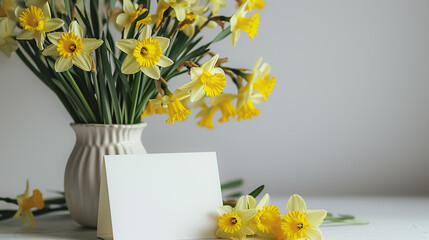 a blank greeting card in front of a bouquet of daffodils