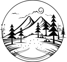 landscape mountain and forest line art logo design vector. AI generated illustration.