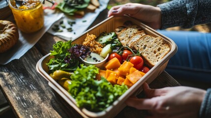 Hand of woman holding lunch box with healthy food on table