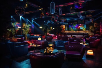 Interior of a night club with bright lighting. 3D rendering, Colorful interior of a vibrant and lively night club featuring dark seats and glowing lights, AI Generated